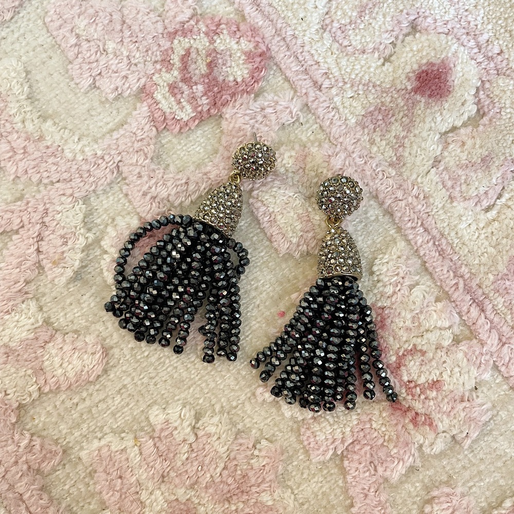 Baublebar Beaded Tassel Shimmery Gunmental Gray Earrings with Gold Hardware
